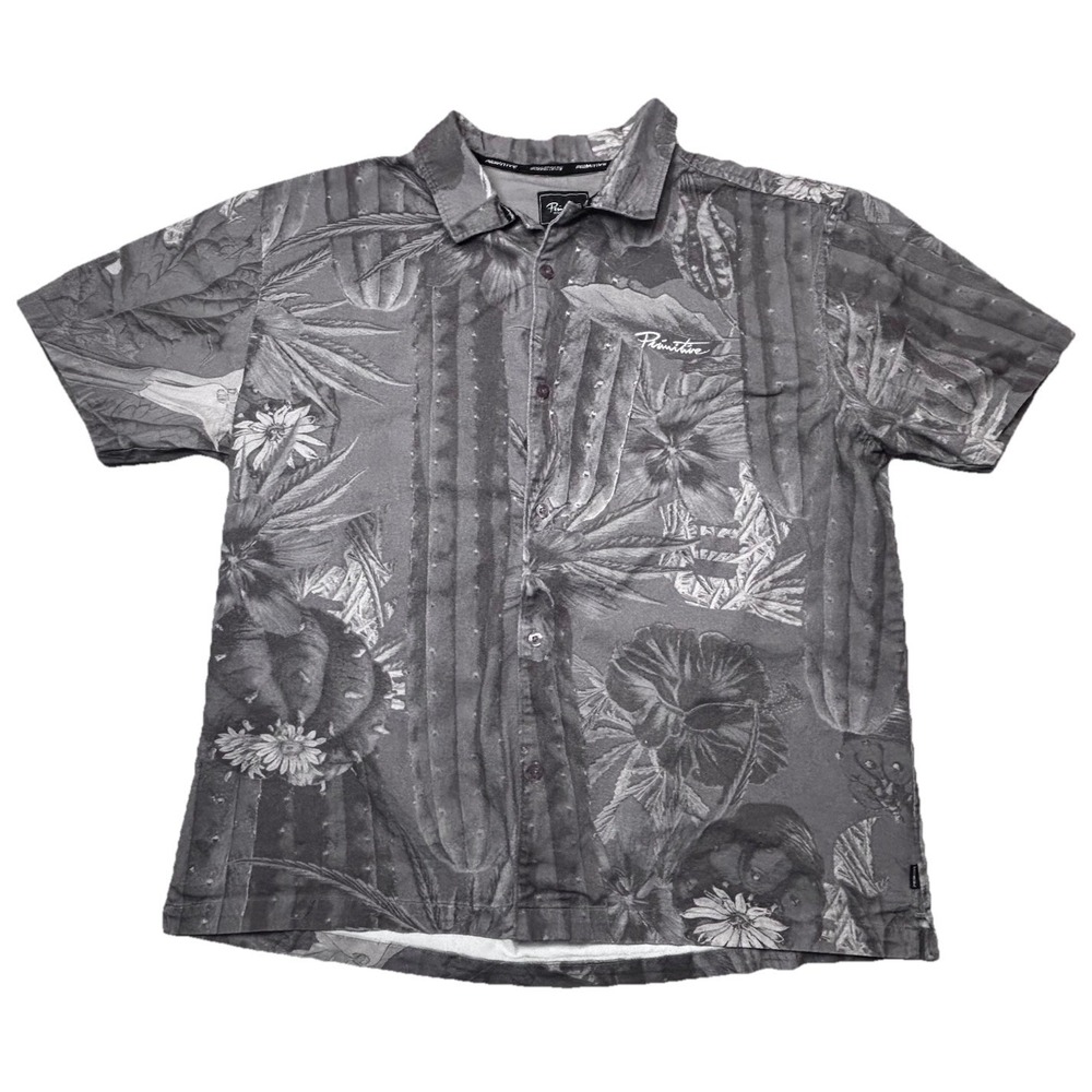Primitive Skateboarding Button Up Shirt‎ Mens Large Floral Tropical Print Gray